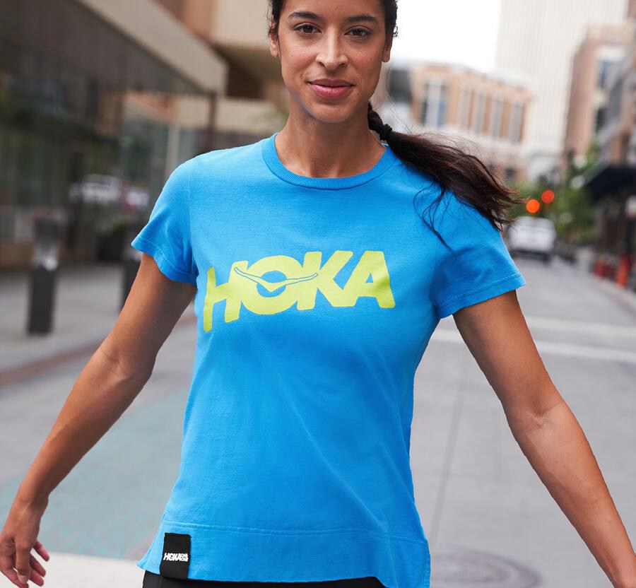 Hoka One One Tシャツ レディース 青 - ブランド - UK0578914